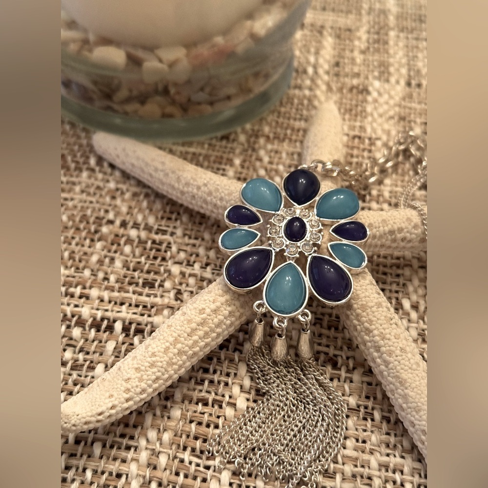 White House Black Market WHBM Blue and Silver Flower Long Tassel Necklace